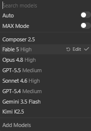 Model picker ใน Cursor แสดง Fable 5 หลังเปิดใช้