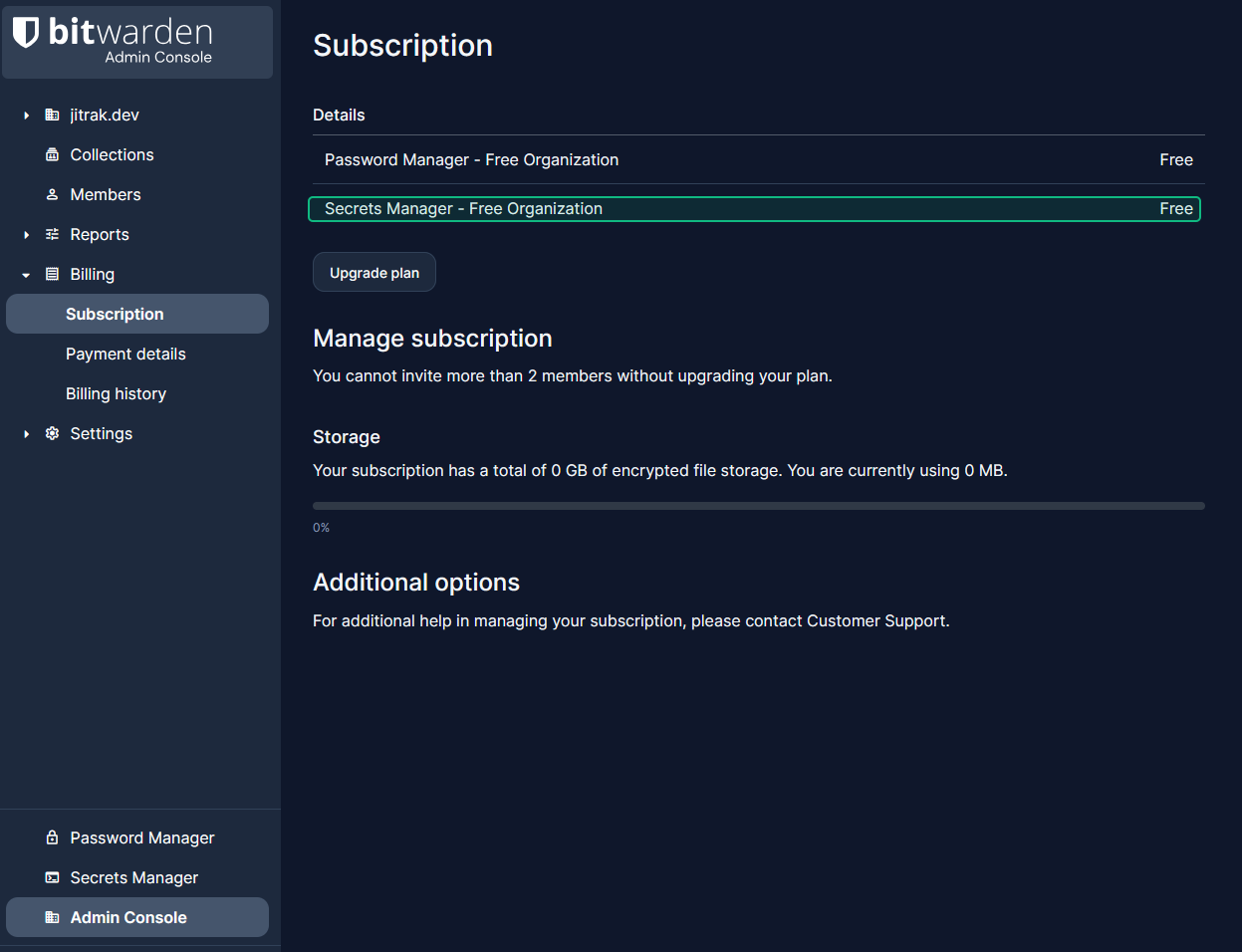 หลัง Subscribe แล้ว — หน้า Subscription แสดง Secrets Manager — Free Organization