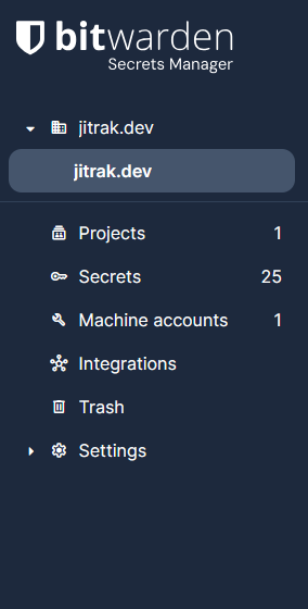 Secrets Manager — เมนู Projects, Secrets, Machine accounts
