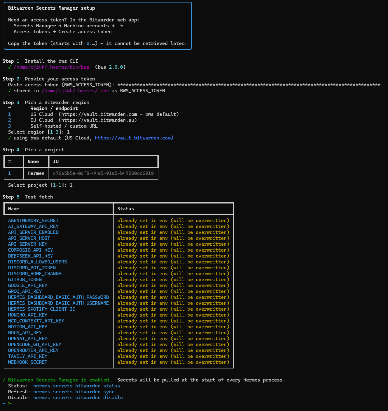 setup เสร็จ — test fetch แสดง Secrets ที่จะ inject